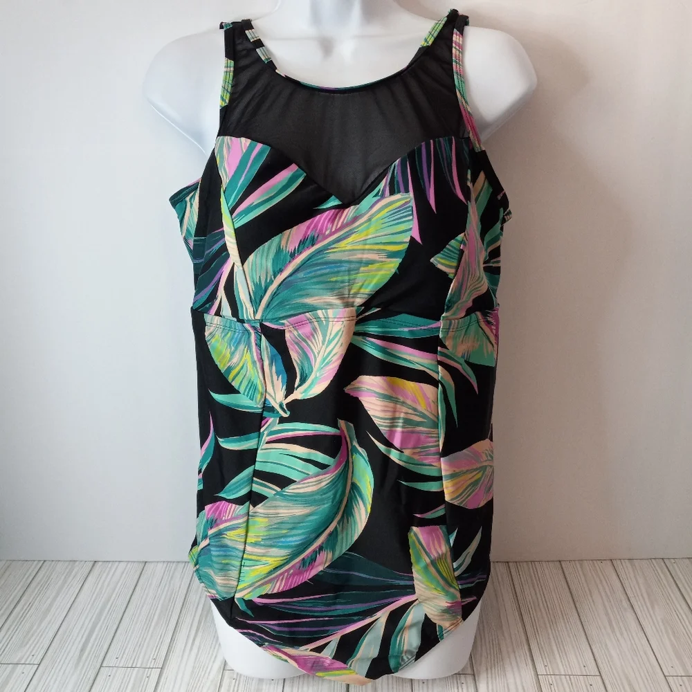 Torrid Summer Leaves Mesh High Neck One Piece Swimsuit
